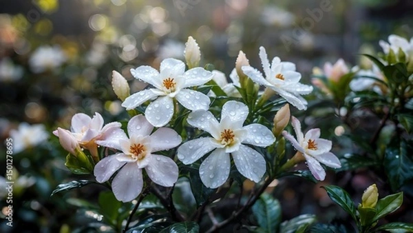Fototapeta Delicate gardenia blossoms covered with water droplets on a sunny morning after rain