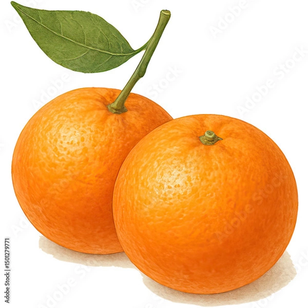 Obraz Two fresh tangerines with green leaf realistic illustration for healthy eating and vitamin c