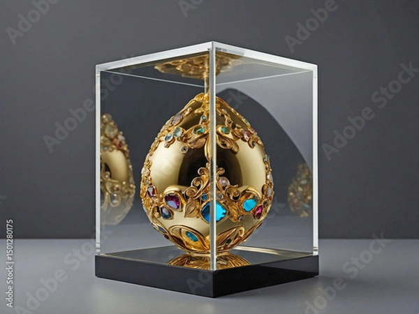 Fototapeta A golden jeweled egg displayed within a minimalistic clear glass cube