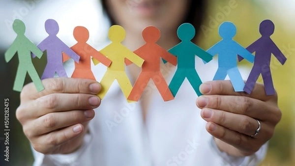 Fototapeta Hands holding connected paper people representing community teamwork and diversity