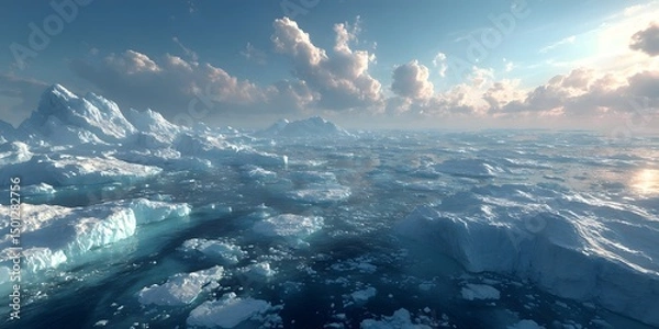 Fototapeta Broken, melting ice floes on cold blue ocean, showing global warming. Pale clear sky, wispy clouds. Sunlight glints on thawing ice. Desolate, impactful.
