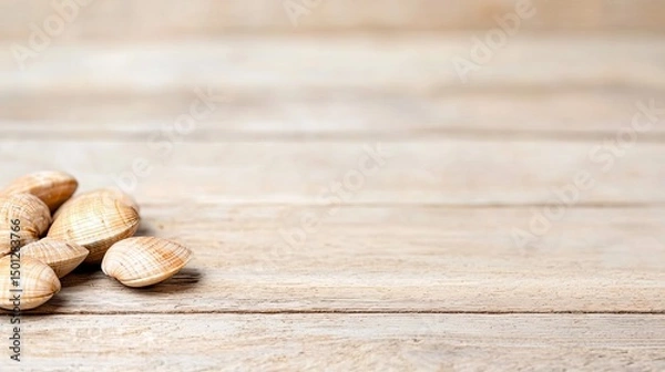 Fototapeta Pile of seashells on light wooden surface. Summer vacation, beach, ocean, coastal theme concept.