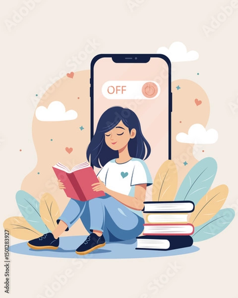Obraz Digital detox concept. Embracing life beyond screens with mindful activities. Female character relaxing with a book in a serene setting. Hand drawn vector illustration