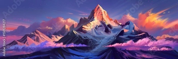 Fototapeta Majestic mountain range under a vivid sunset sky with colorful clouds and snowy peaks