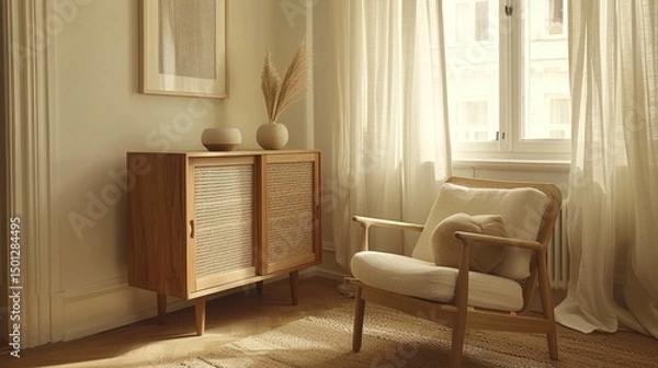 Fototapeta Serene and Cozy Living Room Interior Design: Wooden Cabinet, Armchair, Pampas Grass, and Window Light.