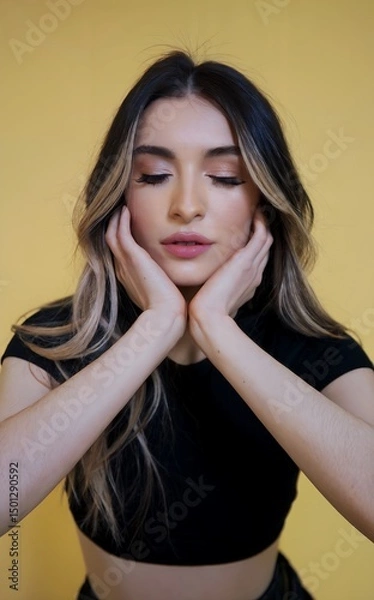 Fototapeta Serene portrait of a young woman with eyes closed and hands near her face
