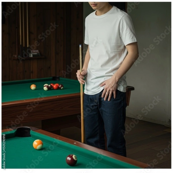 Fototapeta Photo of a Man Aiming a Pool Shot at a Green Table Inside a Wooden Room