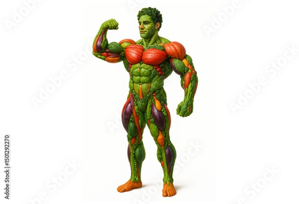 Obraz Hyper-realistic muscular male figure sculpted entirely from colorful vegetables, showcasing strength, health, and plant-based power on a clean, neutral background. Perfect for vegan and wellness them