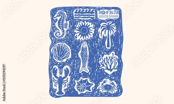 Fototapeta Crab and lobster design. Sound of the sea. Seashell vintage artwork. Summer vibes artwork. Seashell line drawing.	