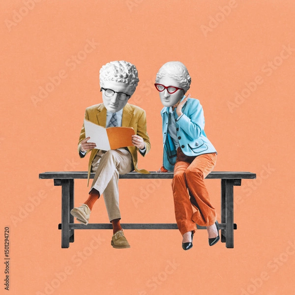 Fototapeta Creative artwork. Two statue-headed characters in vintage outfits sit on bench reading and chatting with serious expressions against coral background. Concept of communication, retro, daily dialogue