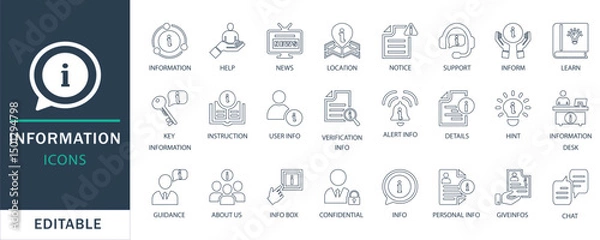 Fototapeta Editable information line icon set for web, app, and print. Includes support, news, help, instruction, guidance, user info, details, and chat icons in modern outline style.