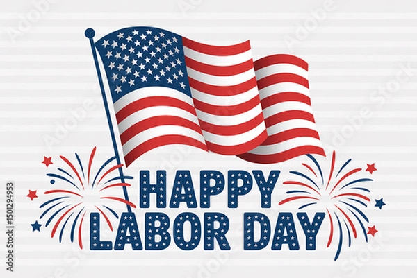 Fototapeta Happy Labor Day greeting card design with American flag and fireworks