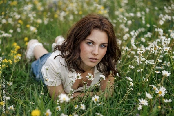 Fototapeta Young woman relaxing in a meadow surrounded by wild daisies and green grass looking at camera