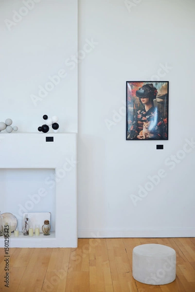 Fototapeta Minimalistic living room with white walls showcasing artwork and decorative items on shelves, illuminated by natural indoor lighting