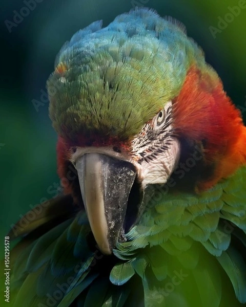 Obraz Close-up of a Harlequin Macaw. A bright mix of green, blue, and red feathers.