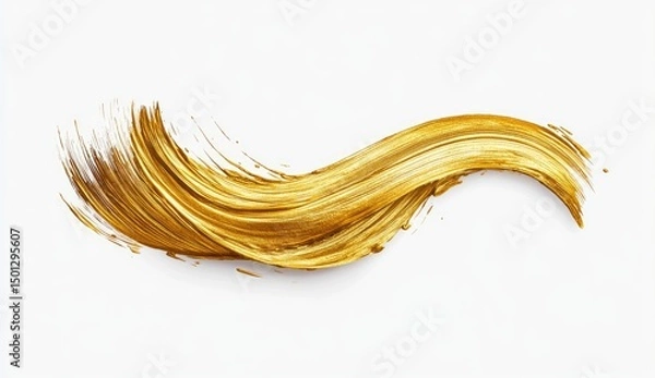 Fototapeta Golden paintbrush stroke, flowing design.  A  golden liquid abstract shape on white background.  Dynamic and textured
