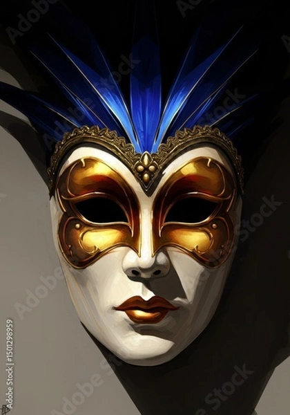 Fototapeta Photo of a Ornate Venetian Mask with Gold and Blue Feathers Against a Gray Background