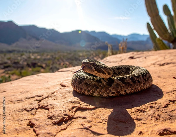 Fototapeta A coiled rattlesnake sunbathing on a rocky surface in a desert landscape with mountains and cacti in the background
