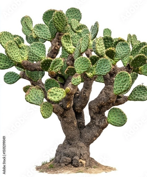 Fototapeta Large, vibrant cactus, thick trunk, numerous green pads