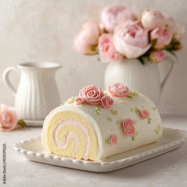 Fototapeta A delicate spring dessert scene featuring a white rolled cake with a soft yellow sponge and a thin layer of baby pink cream inside. Generative AI	

