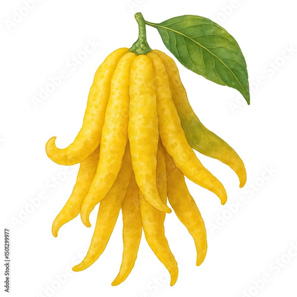 Fototapeta Artistic watercolor painting of a unique buddha's hand citrus fruit with green leaf