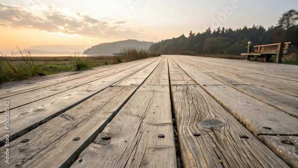 Fototapeta Aged wooden deck extends into distance near body of water during sunset, with bench on side and scenic landscape in background.