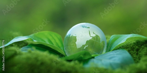 Fototapeta Environmental concept - Crystal Earth on green moss in forest to protect nature. Environmental care, Ecology, Earth Day.