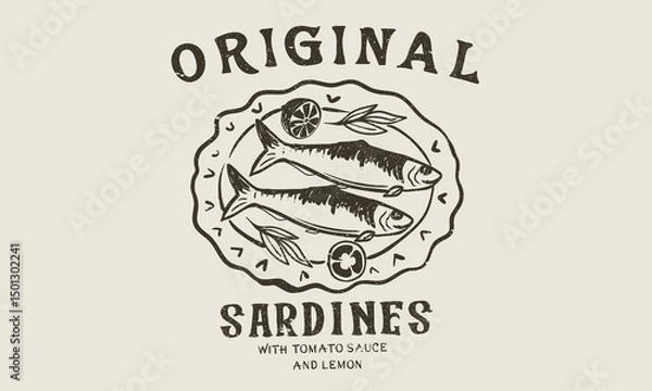 Fototapeta Dinner party. Sardines fish artwork for t shirt print, poster, sticker and other uses. In pure olive and lemon. Canned fish artwork. 
