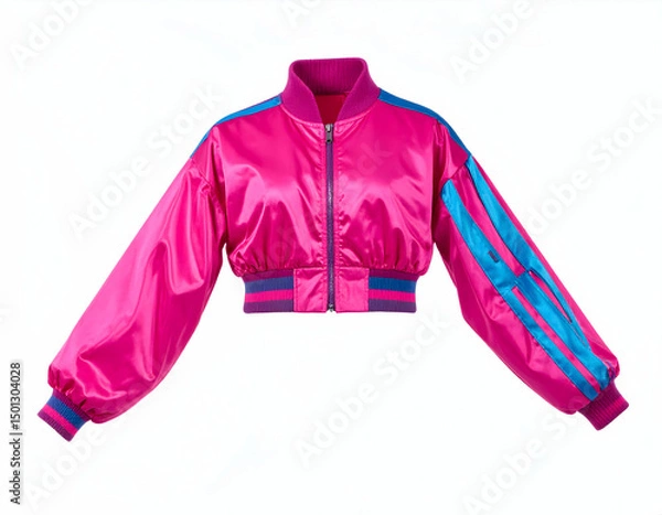 Fototapeta Bright pink and blue cropped bomber jacket displayed against a plain white background, ideal for fashion retail use