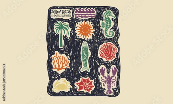 Fototapeta Seashell line drawing. Seashell vintage artwork. Summer vibes artwork. Crab and lobster design. Sound of the sea. 