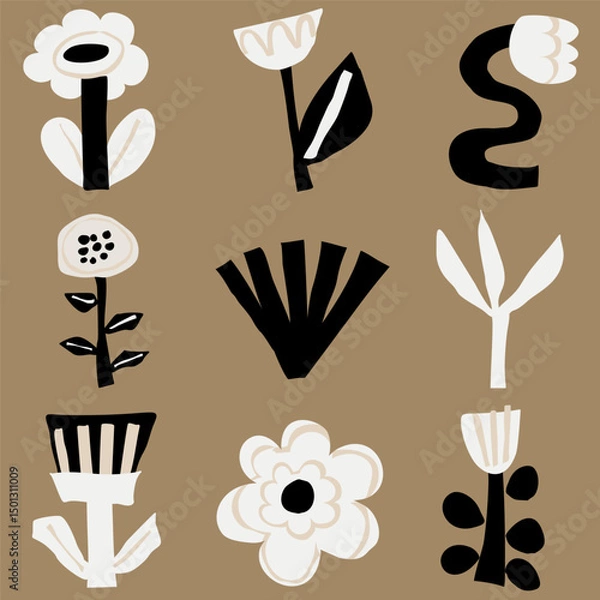 Fototapeta A grid of nine abstract modern art minimalist black and white cutout floral designs. Vector seamless pattern with bold botanical shapes. Home decor poster illustration