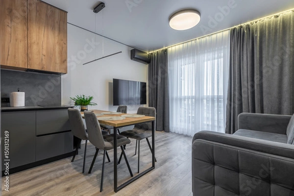 Fototapeta Open-Plan Living and Dining with Floor-to-Ceiling Window