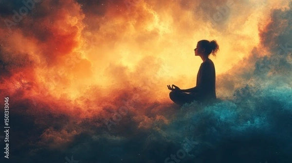 Obraz Meditating figure amidst celestial clouds, bathed in ethereal light