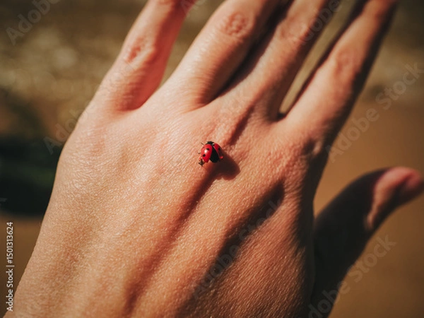 Obraz Ladybug sitting on a woman's hand