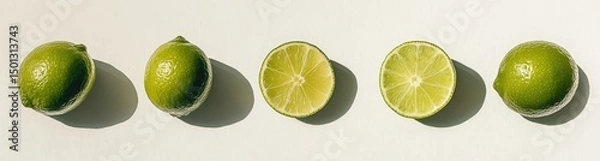 Fototapeta Fresh limes, whole and halved, arranged in a row against a white background