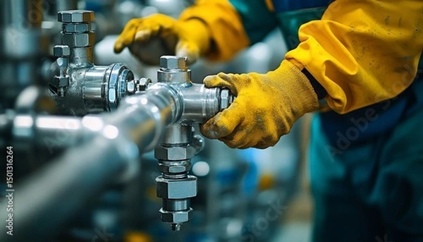 Obraz Close-up of worker tightening the pipe connection in an industrial setting