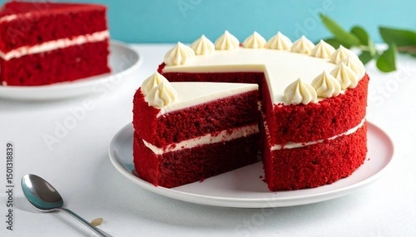 Obraz slice red velvet cake with garnish  white background