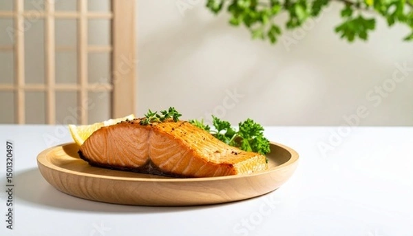 Obraz roasted salmon slice on plate with simple garnish at wooden plate