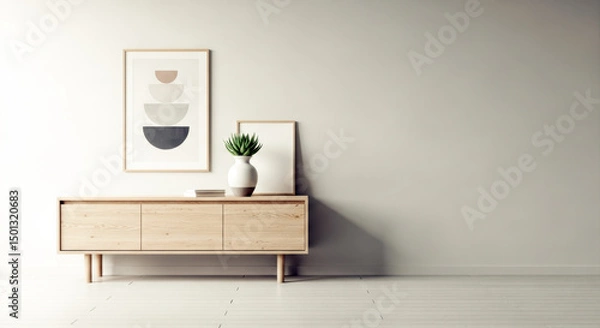 Fototapeta Minimalist interior with wooden cabinet, plant, and art for home decor mockups, product display, and lifestyle blogs