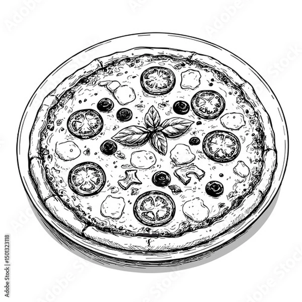 Fototapeta Hand-drawn vegetarian pizza with tomatoes, olives and basil