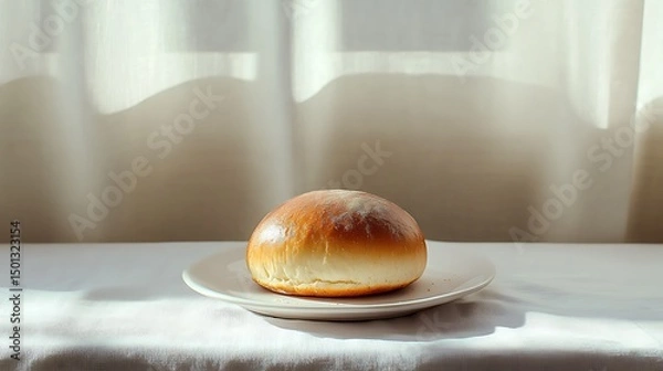 Fototapeta A single bread roll on a white plate with soft lighting