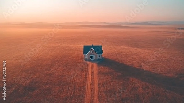 Fototapeta lonely minimalist house on rugged mountain aerial symmetry wide shot soft muted colors calm environment rule of thirds