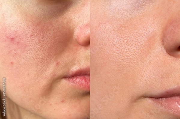 Fototapeta Close-up comparison of female cheek skin before and after acne treatment. Visible pore refinement, redness reduction, and smoother complexion. Skincare result concept.