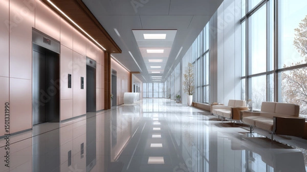 Fototapeta Empty corridor perspective with large windows and elevator door. Realistic vector illustration of hospital, hotel, university, shopping mall, office building hall interior design. Modern architecture
