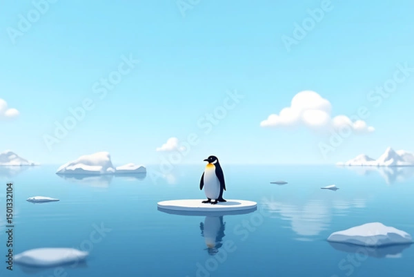 Fototapeta A serene penguin on a circular ice floe in a calm ocean, surrounded by a cool, contemplative atmosphere dominated by blues and whites.