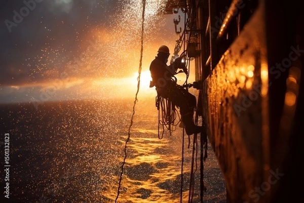 Obraz Rope Access Welder Performing Maintenance on Oil Rig Tower Above Ocean with Sparks Flying and Sea Reflecting Golden Hour Light, Offshore Welding, Industrial Safety, Marine Energy, Work at Height