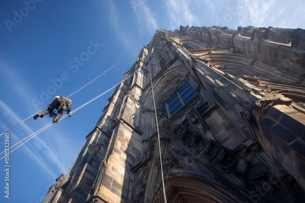 Obraz Urban Steeplejack Inspecting Cathedral Spire With Ropes And Drone Equipment, Strong Vertical Lines, Blue Sky, Architectural Inspection, Historic Building Maintenance, Aerial Drone, Rope Access Work