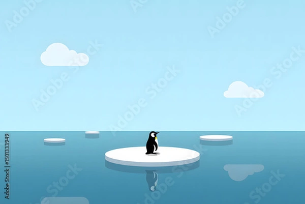 Fototapeta A serene penguin on a circular ice floe in a calm ocean, surrounded by a cool, contemplative atmosphere dominated by blues and whites.
