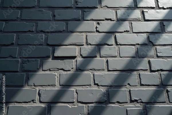 Fototapeta A black brick wall with a distinct pattern, arranged horizontally and accentuated by sunlight casting diagonal shadows, showcasing its simplicity and elegance.