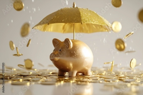 Obraz Glossy Piggy Bank Under Golden Umbrella with Motion-Captured Coinfall, Symbolic Savings Concept, High-Key Lighting, Financial Protection, Money Safety, Wealth Management, Investment Security